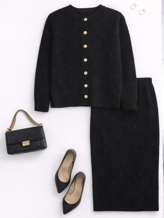 HUIBAN Sweaters - NWT Black Knit Set Gold Button Sparkle Elegant Outfit M